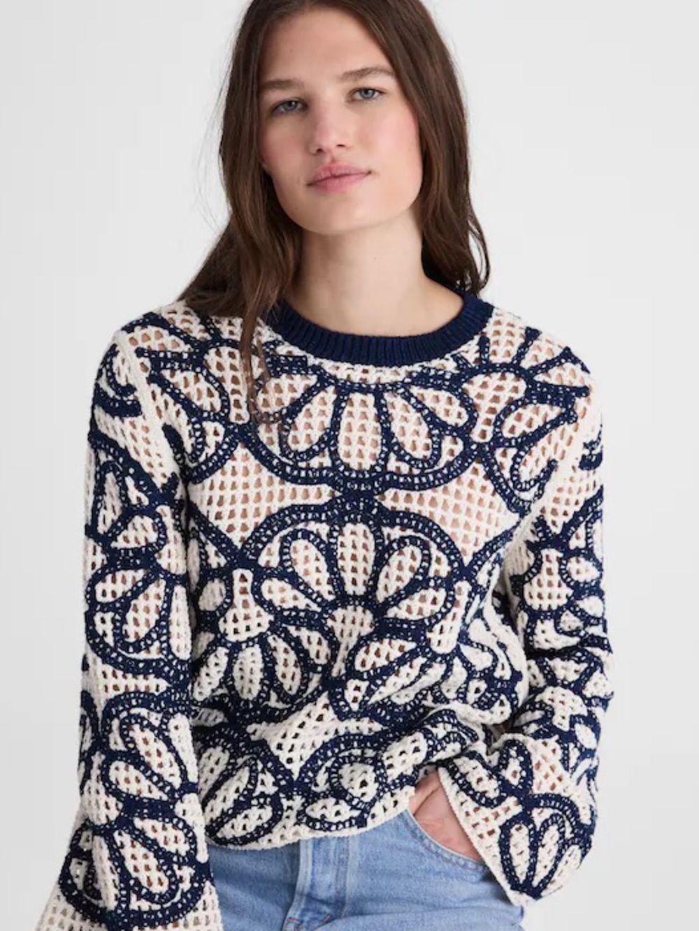 NWT Madewell Floral-Embroidered Open-Stitch Sweater, Navy & Ivory, Size XS